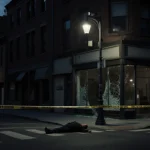 Victim lies on street with police tape and shattered storefront behind at dusk in North Philadelphia.