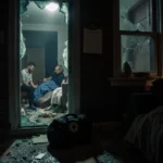 Shattered front door lies on floor with police lights and glass shards