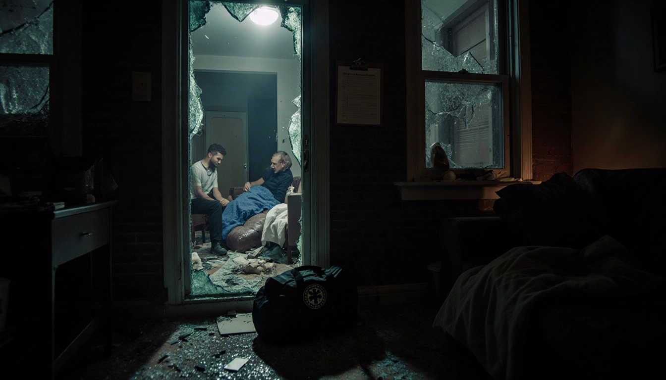 Shattered front door lies on floor with police lights and glass shards