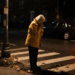63‑year‑old woman clasping hands with warm streetlamp glow on wet pavement and a blurred sedan speeding away