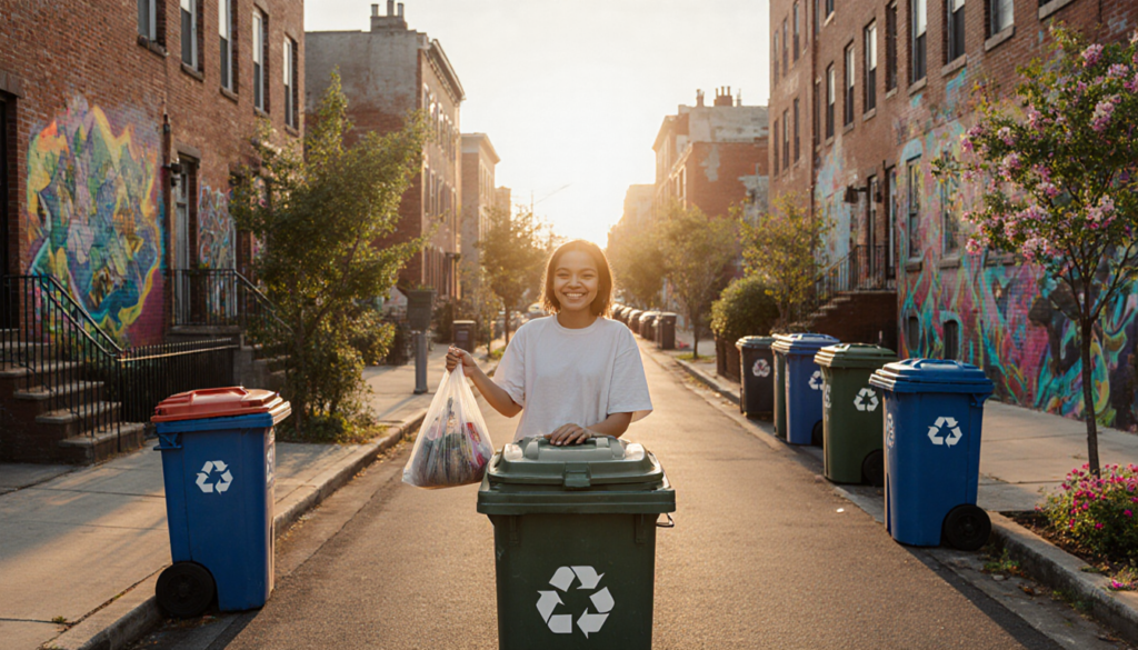 Young resident smiling holding reusable bag near trash can with colorful street art blooming greenery.
