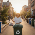 Young resident smiling holding reusable bag near trash can with colorful street art blooming greenery.
