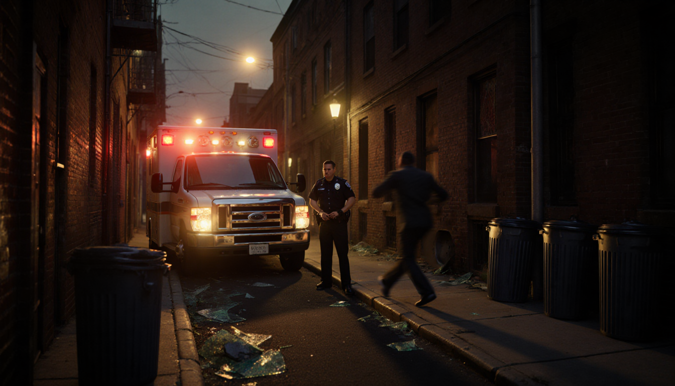 Police officer standing near ambulance with broken glass and trash cans in dark alleyway.