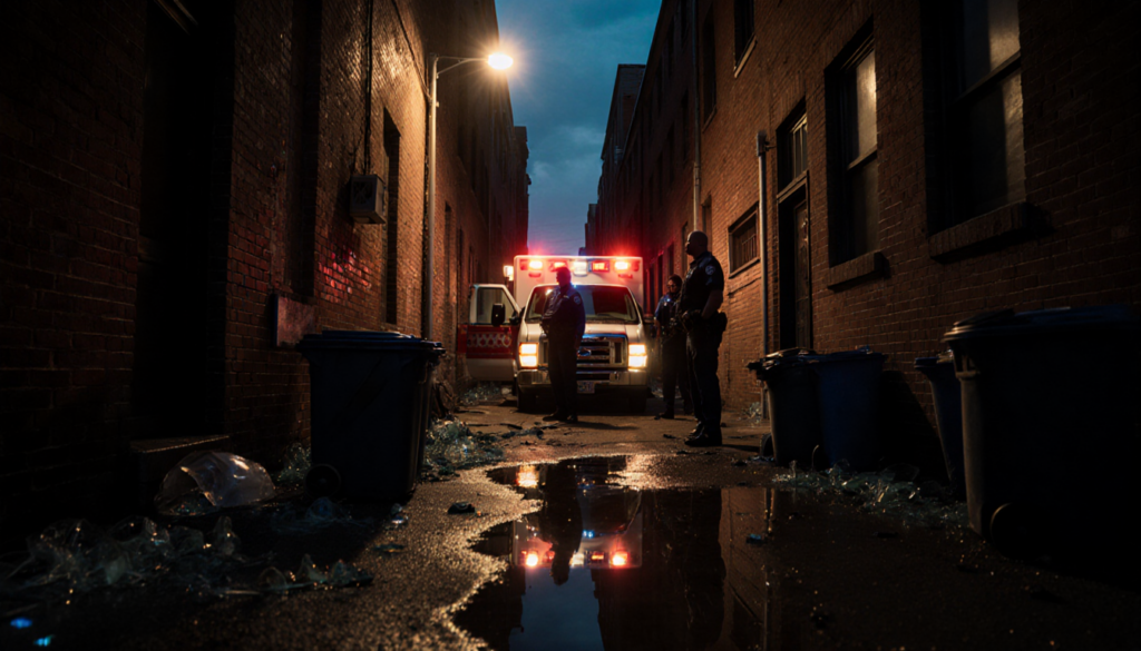 Police officers stand near an ambulance in a dimly lit North Philadelphia alleyway at dusk.