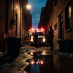 Police officers stand near an ambulance in a dimly lit North Philadelphia alleyway at dusk.