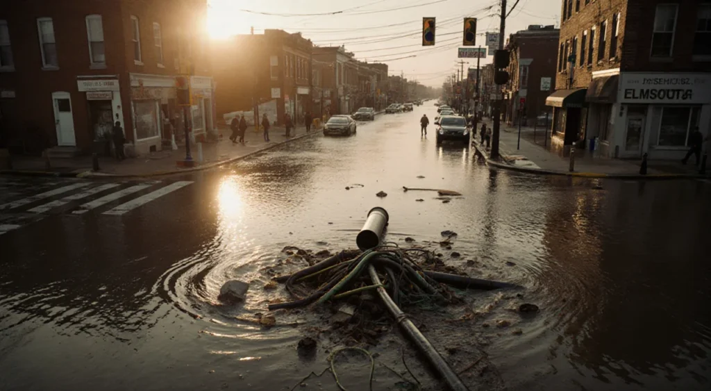 Burst pipe spraying water into flooded intersection with sunrise glow and tangled debris.