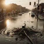 Burst pipe spraying water into flooded intersection with sunrise glow and tangled debris.