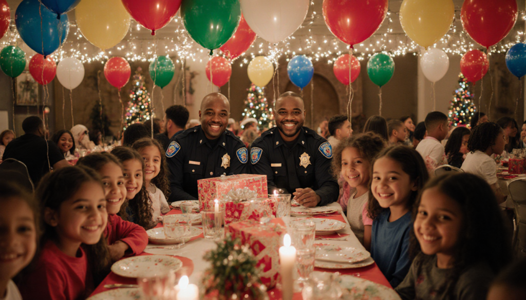 Children laughing while receiving gifts from police officers with festive holiday tables and colorful balloons