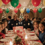 Children laughing while receiving gifts from police officers with festive holiday tables and colorful balloons
