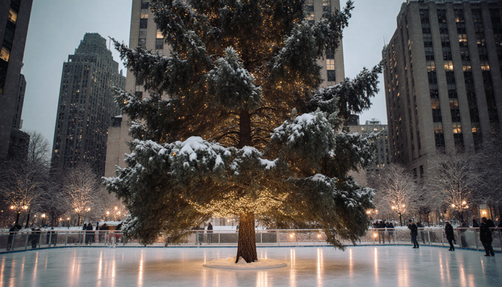 Norway spruce standing tall with sparkling Christmas lights and snow-covered trunk at Rockefeller Center.