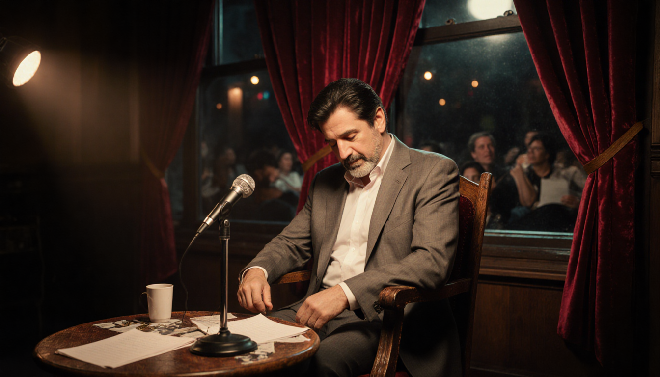 Jeff Garcia sitting at microphone, comedy notes scattered around him, nostalgic dimly lit room