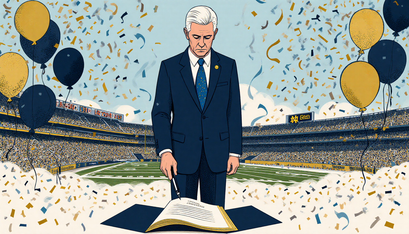University president announces Notre Dame bowl play withdrawal with diploma at feet and confetti and tears in backdrop