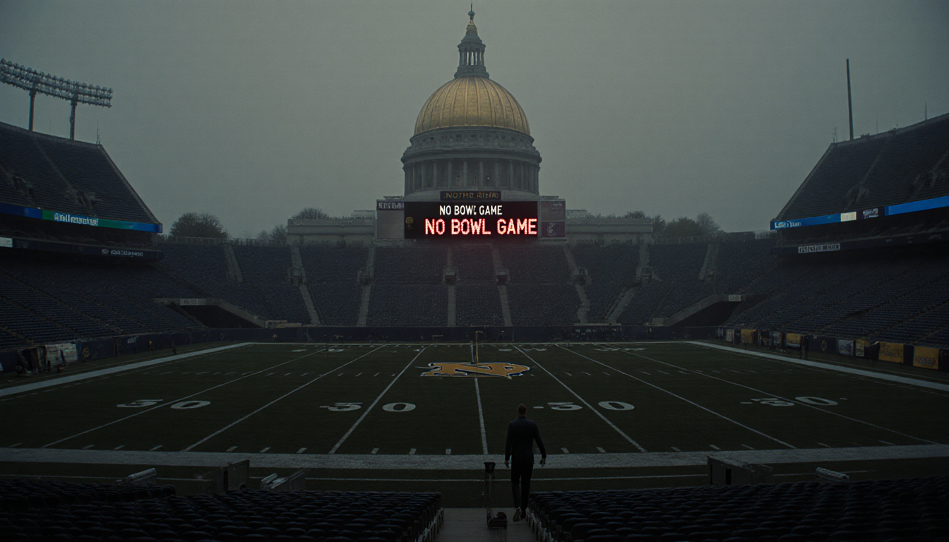 Figure walking away from field with foggy Notre Dame stadium and scoreboard reading No Bowl Game
