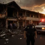 Police officer standing beside smoldering nursing home entrance with ambulance speeding away and shattered glass.