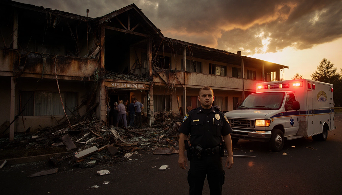 Police officer standing beside smoldering nursing home entrance with ambulance speeding away and shattered glass.