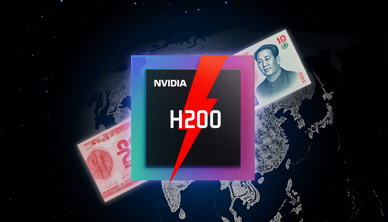 Nvidia H200 AI chip glows with gradient and shows a globe with a red slash while a faint yuan note appears in background.
