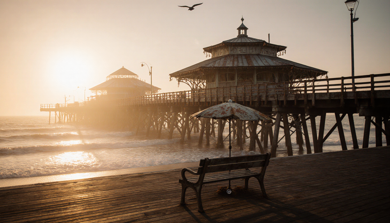 Seagull soaring above misty pier with wooden bench and gentle waves in golden light