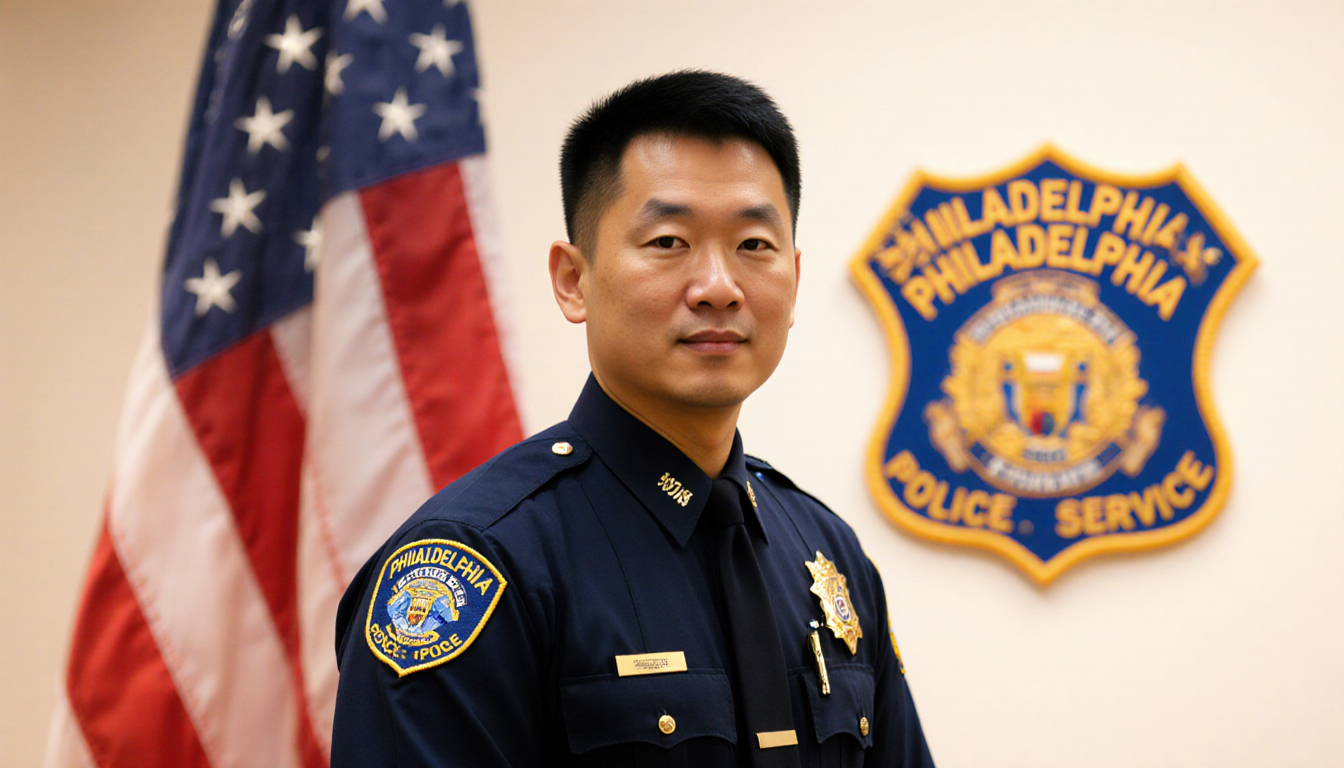 Officer Andy Chan standing in front of an American flag with uniform badge Philadelphia Police patch background