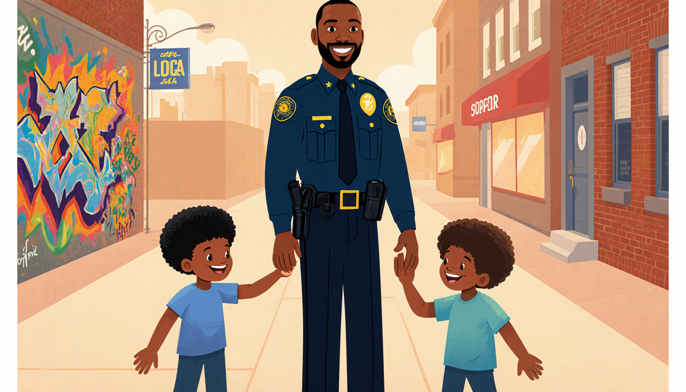 Officer Leroy Wimberly extending a friendly hand with two smiling kids and an art mural in the background and community