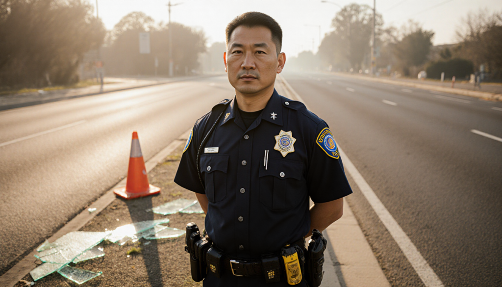 Officer Andy Chan stands at roadside memorial with worn police badge and scattered broken glass under warm light