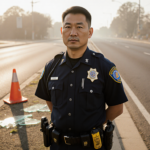 Officer Andy Chan stands at roadside memorial with worn police badge and scattered broken glass under warm light