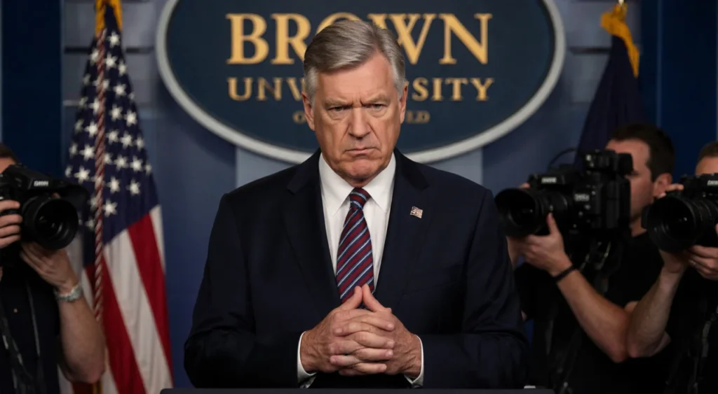 Male official speaking at podium with navy American flag and Brown University logo beside him under harsh spotlight