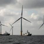 Vineyard Wind turbine stands still with idling boats and muted gray sky showing subtle security cameras.