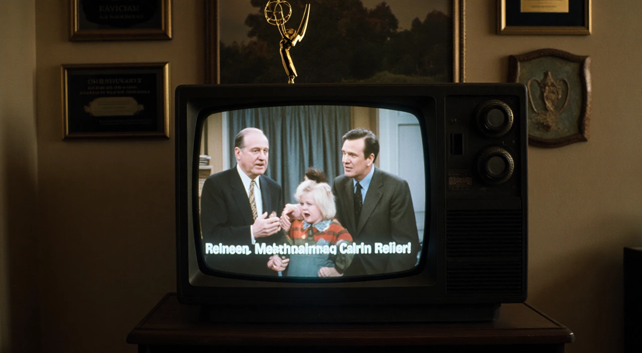 Vintage television flickers sitcom scene with Meathead and Carl Reiner encouraging Rob Reiner beside Emmy trophies.