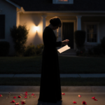 Silhouette of aging opera singer with bowed head holding music sheet and rose petal near dim California home at dusk.