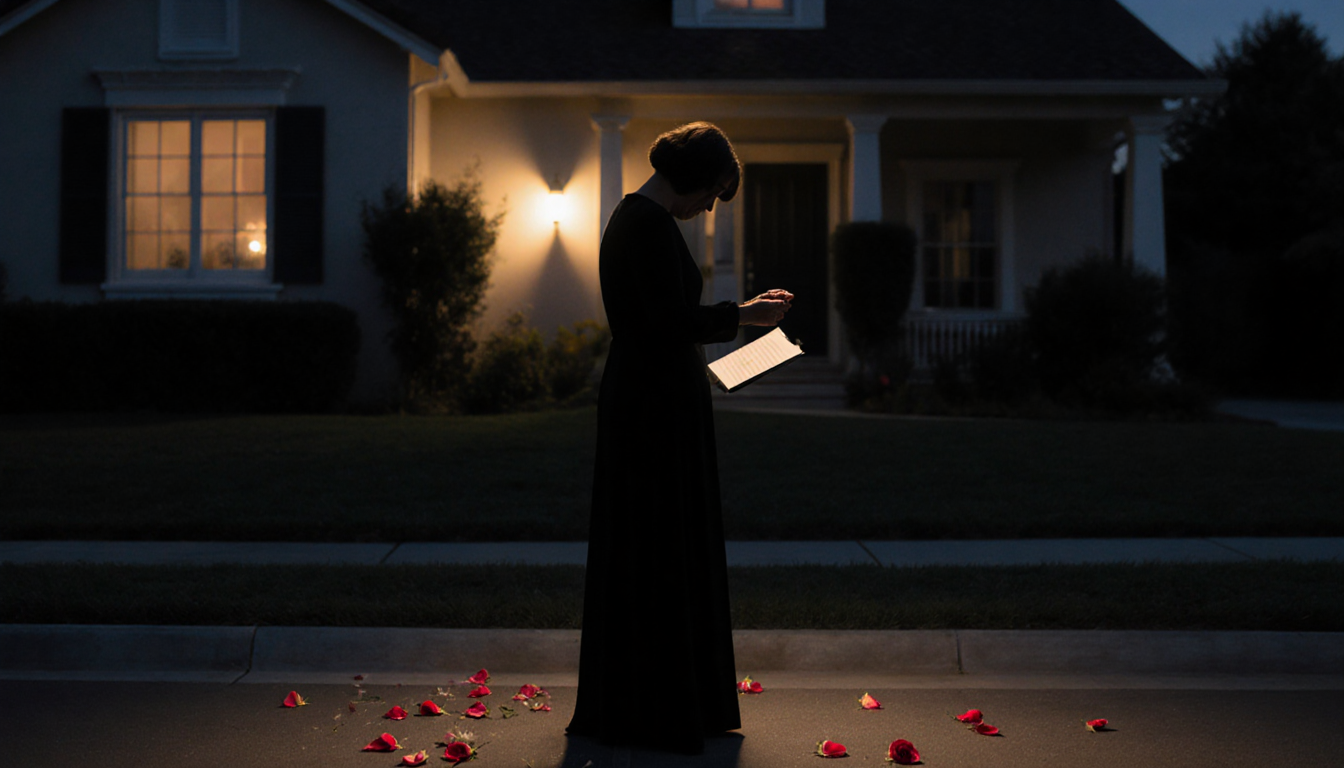 Silhouette of aging opera singer with bowed head holding music sheet and rose petal near dim California home at dusk.