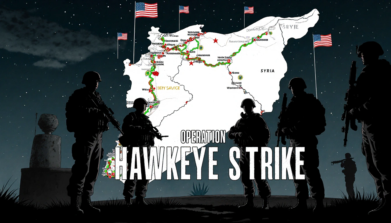 U.S. forces surround a large map of Syria with highlighted locations and bold operation name HAWKEYE STRIKE
