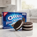 Oreo Zero Sugar cookies opening on kitchen counter with creamy filling visible and natural light illuminating their surface.