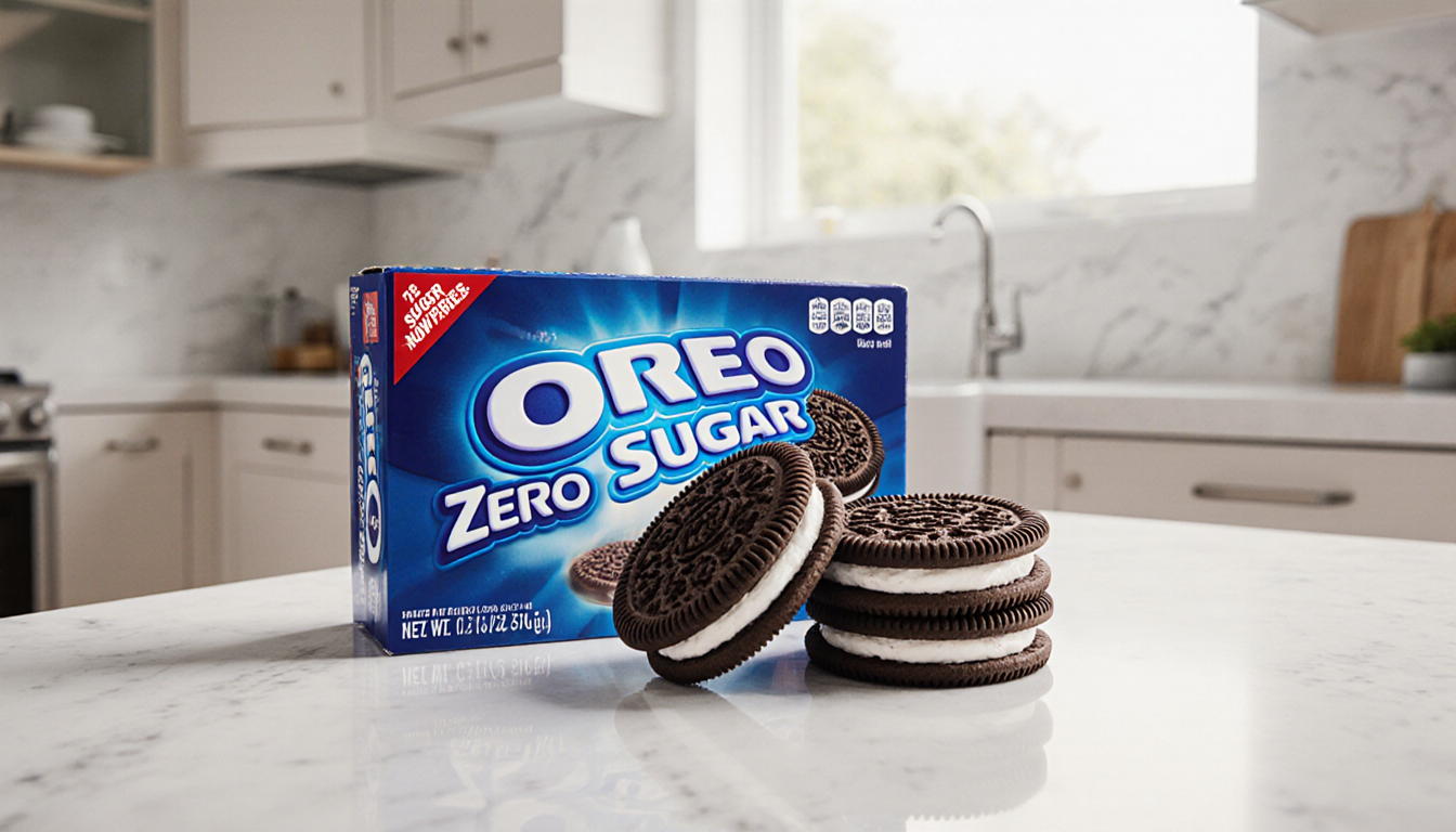 Oreo Zero Sugar cookies opening on kitchen counter with creamy filling visible and natural light illuminating their surface.
