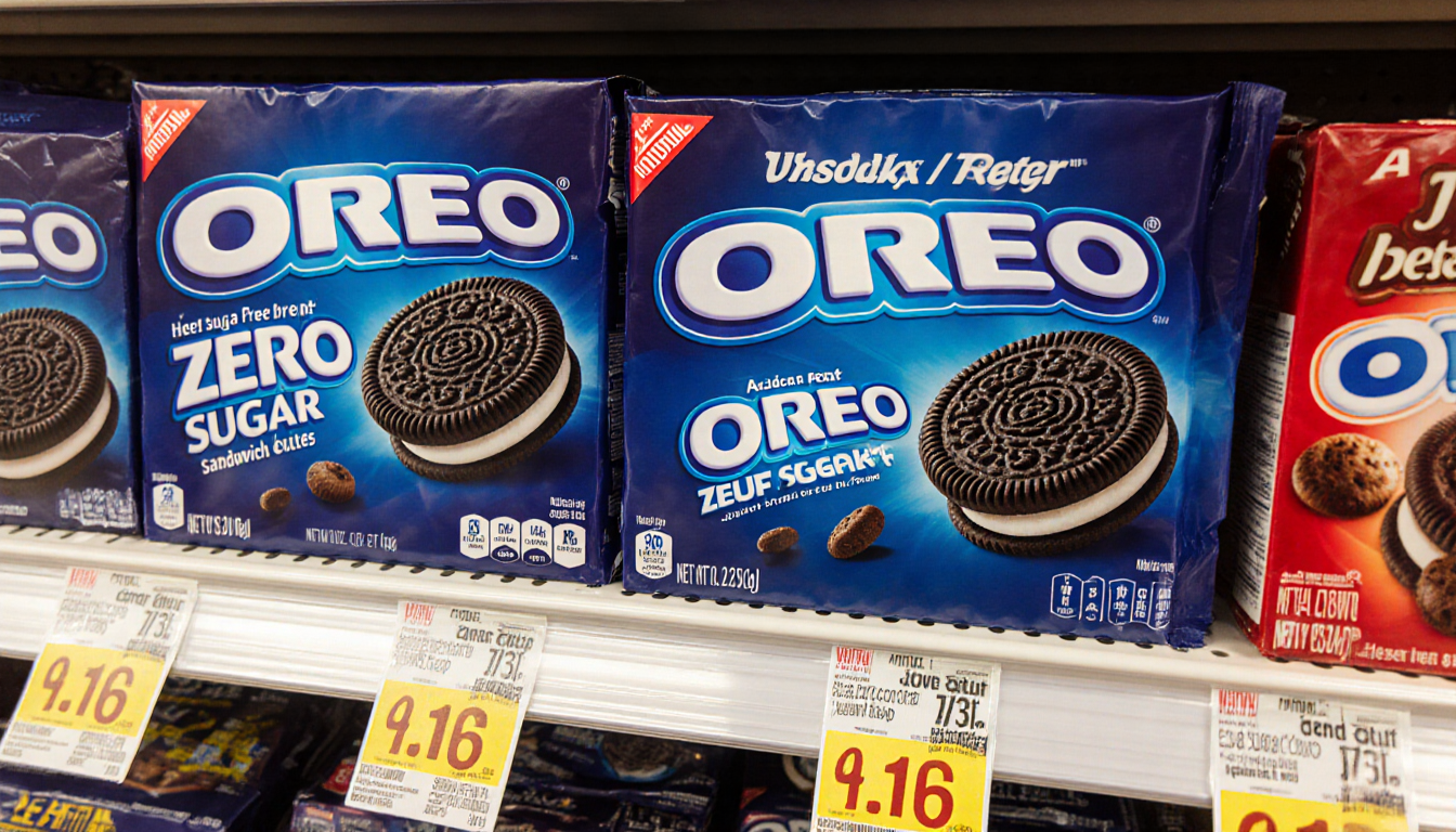 Shelf arranging Oreo Zero Sugar cookies with bright labels and competitors' sugar‑free options on a grocery store background