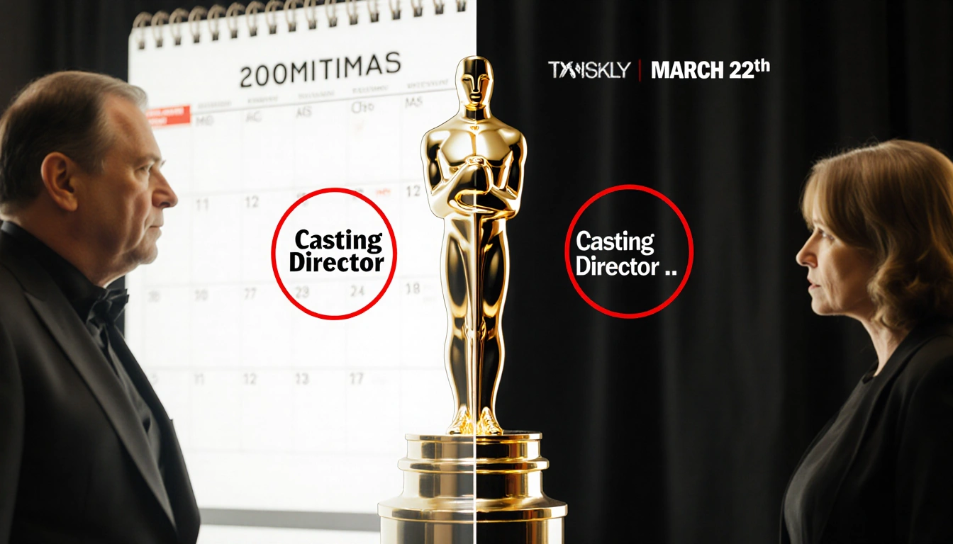 Industry insiders nod at split Oscar statuette with film reel showing casting role and blurred calendar dates circled in red.