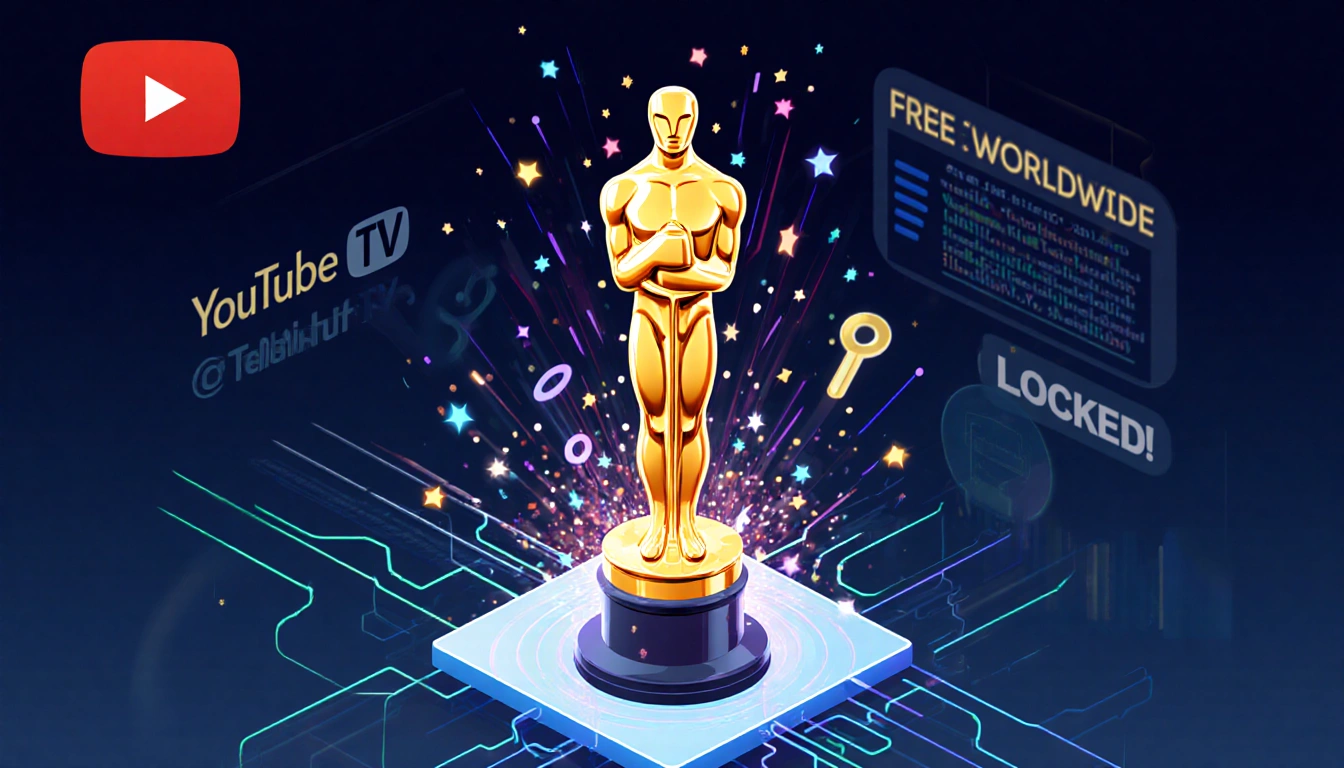Oscars trophy exploding with sparks and confetti while streaming symbols swirl around with a faint YouTube logo