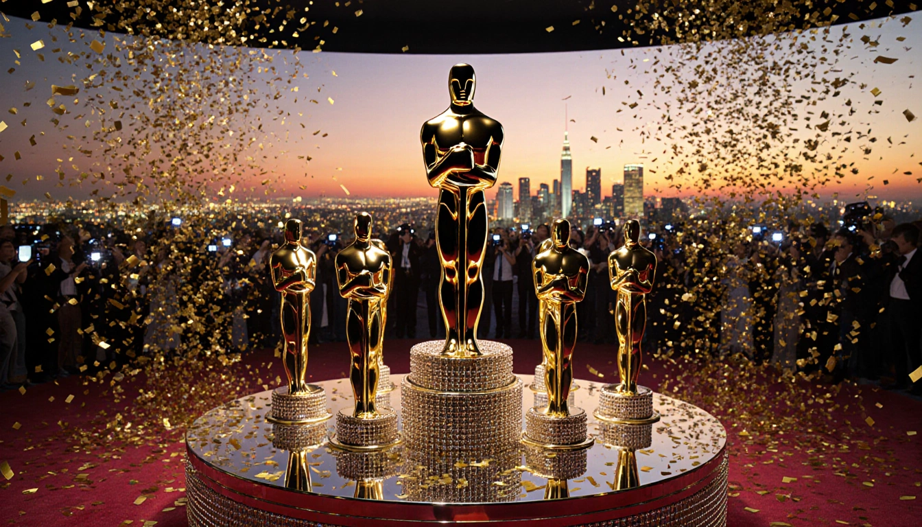 Oscar statuettes gleaming with golden confetti and silver backdrop with Hollywood skyline at sunset.