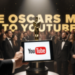 Oscar statuette being handed over with excited Hollywood crowd and spotlighted tablet displaying YouTube logo and headline