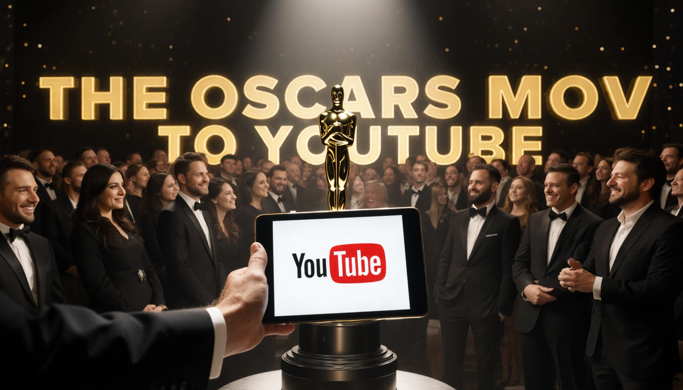 Oscar statuette being handed over with excited Hollywood crowd and spotlighted tablet displaying YouTube logo and headline