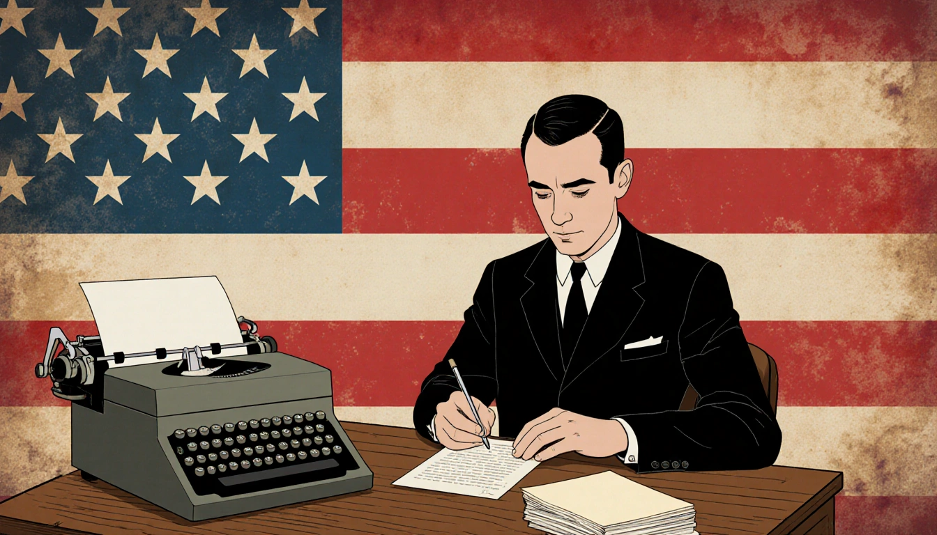 Otto Frank writing a letter with a vintage typewriter and a faded American flag behind him