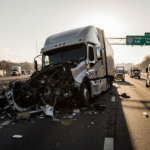 Overturned tractor trailer sprawls across the turnpike with emergency vehicles and long shadows.