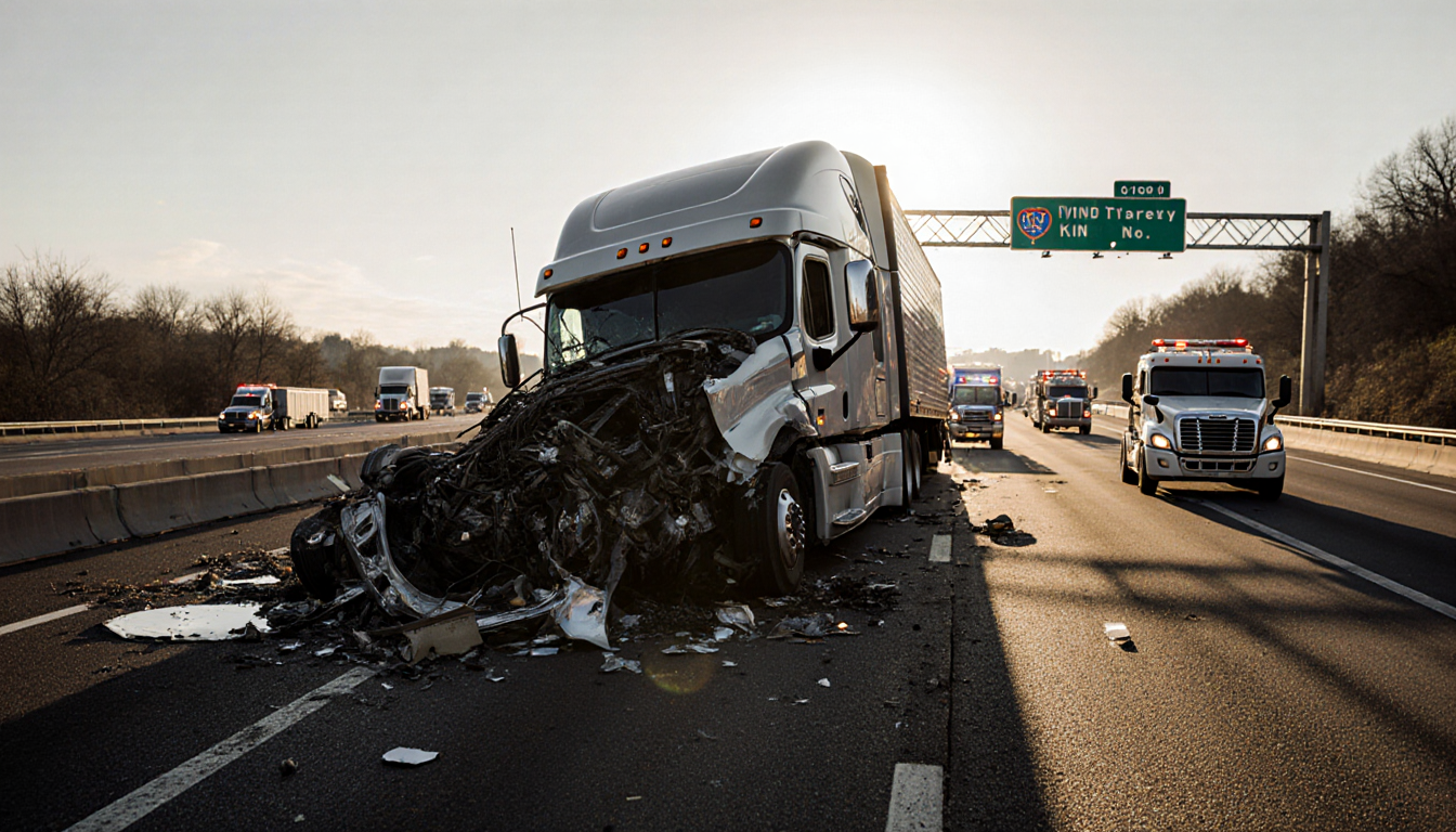 Overturned tractor trailer sprawls across the turnpike with emergency vehicles and long shadows.
