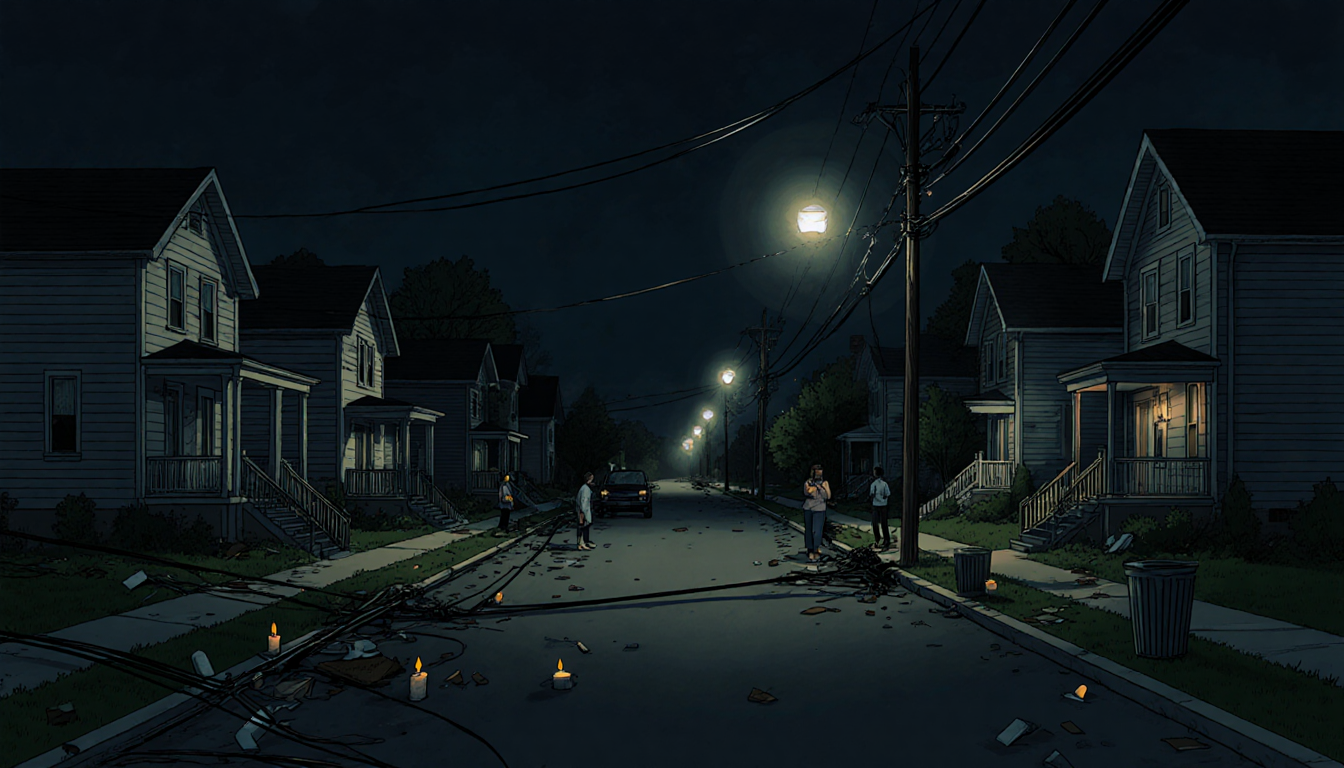 Residents using candles and flashlights with downed power lines and flickering lights an Oxford street during a power outage