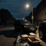 Abandoned SUV sits with long shadow over scattered packages on dimly lit Oxford Street at dusk.