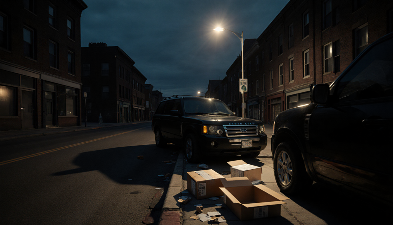 Abandoned SUV sits with long shadow over scattered packages on dimly lit Oxford Street at dusk.