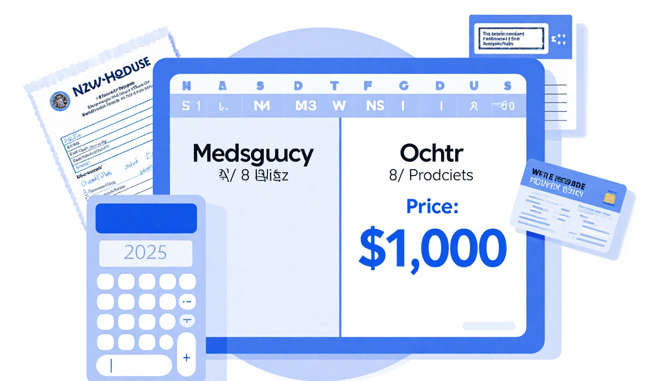 Split-screen calendar illustrates $1,000 price drop with White House deal, calculator and pharmacy receipts