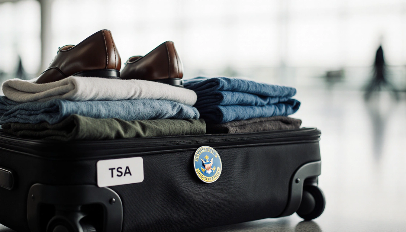 Carry-on suitcase arranged with organized folded clothes and shoes with TSA logo sticker on tag near blurred airport backdrop