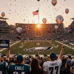 Fans cheering in Eagles jerseys with confetti under sunset sky over packed stadium and Commanders flag