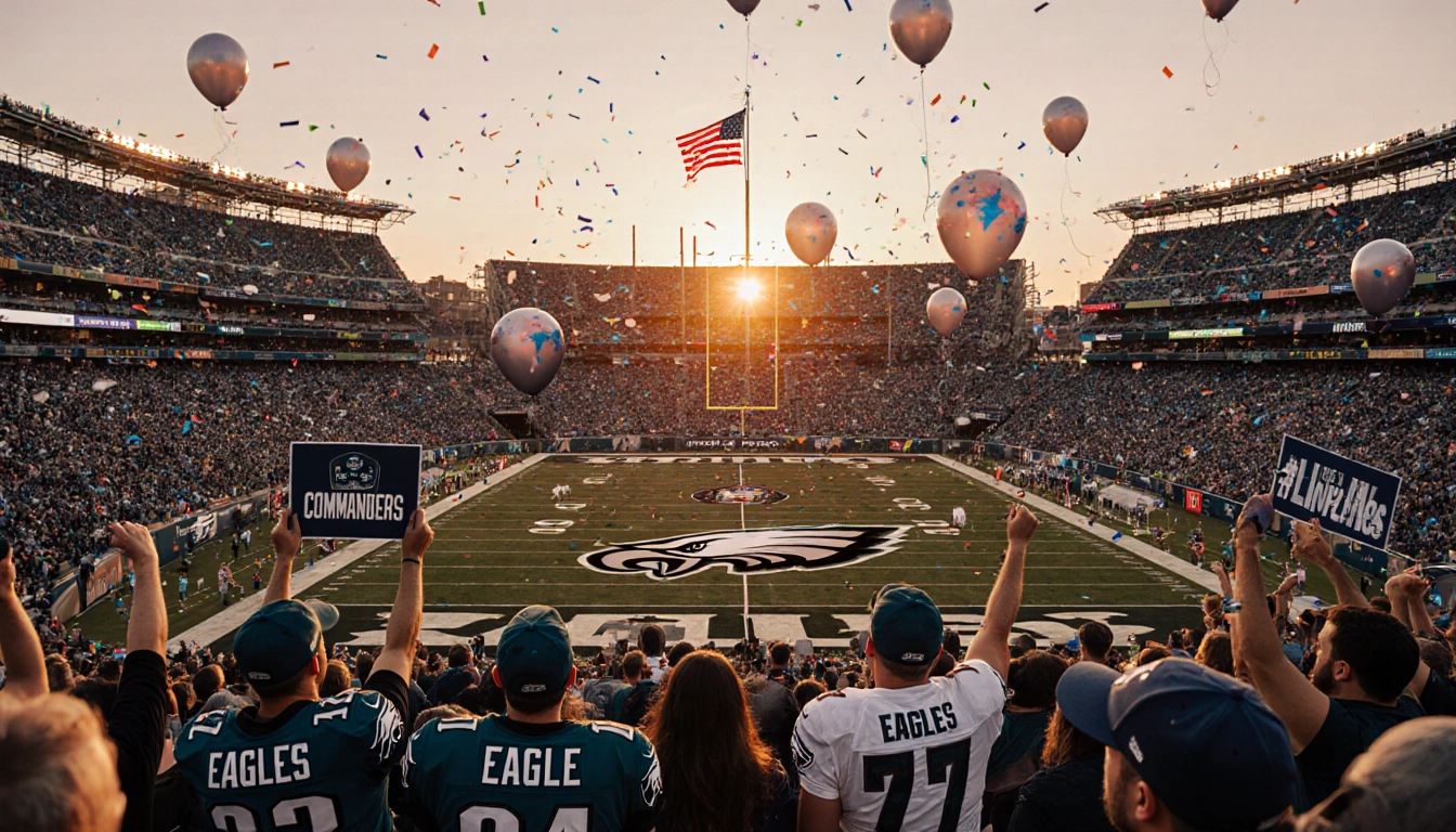 Fans cheering in Eagles jerseys with confetti under sunset sky over packed stadium and Commanders flag