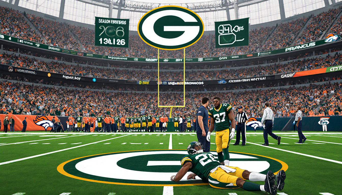 Micah Parsons lies on the field with medical staff and injury as the Green Bay Packers logo dominates packed stands of green